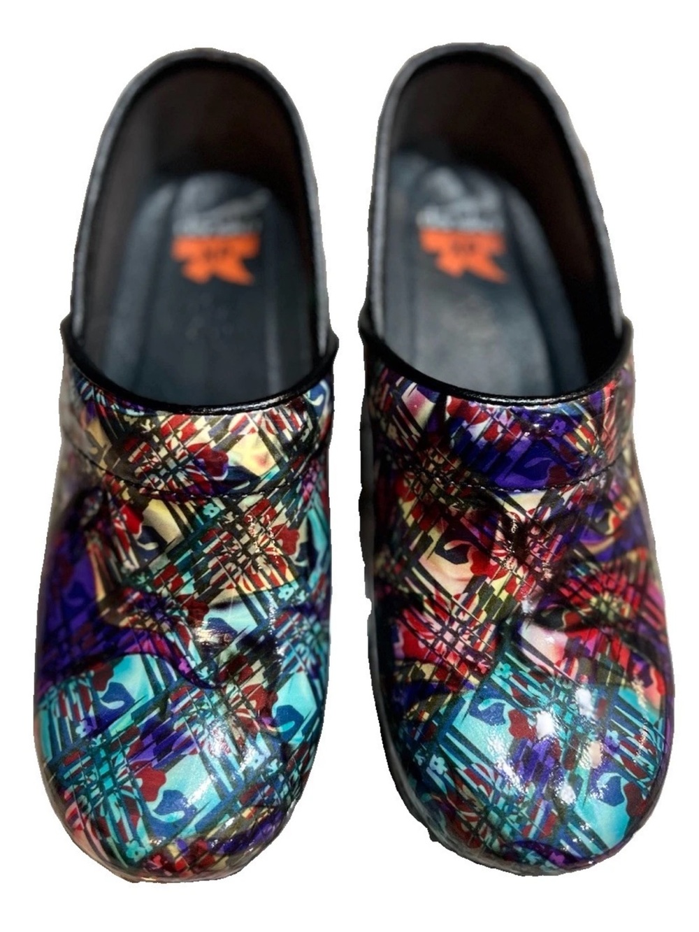 Rare Dansko Pro XP Abstract Geometric Plaid Patent Leather Clogs Anti-slip 36/6